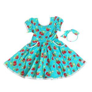 NEW Eleanor Rose Hadlee Dress & Headband Blue Vintage Strawberries 7/8